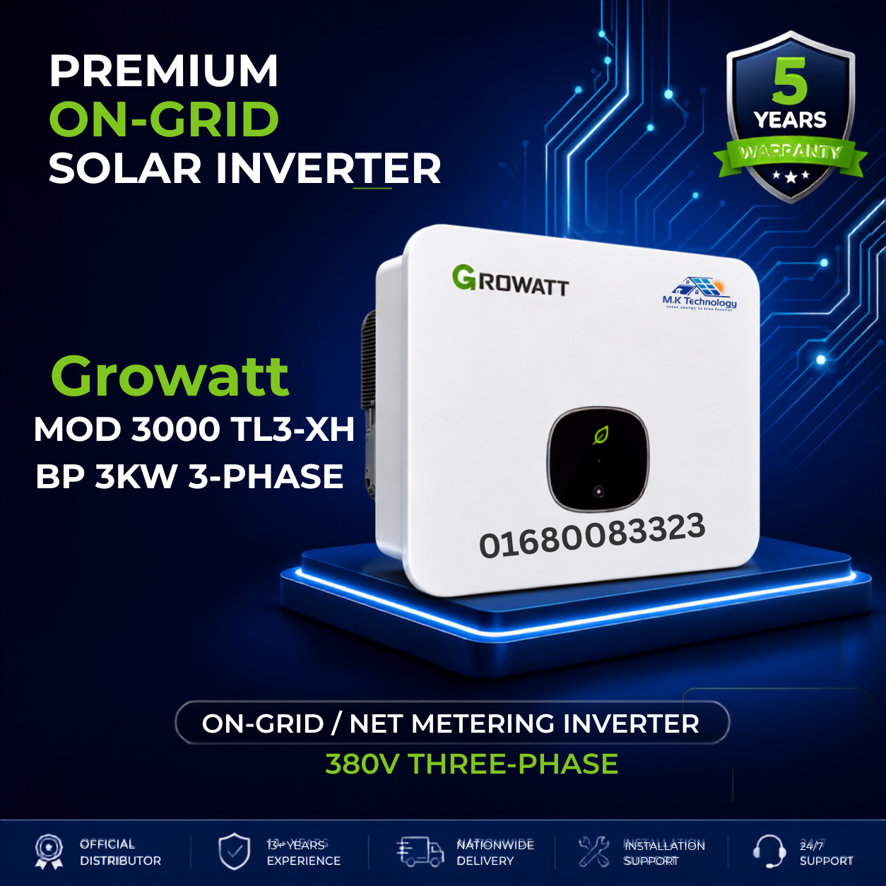 Growatt MOD 3000 TL3 XH BP 3kW 3 Phase Growatt 3kW 3-Phase Inverter MOD 3000TL3-XH | MK TECHNOLOGY - Image 1